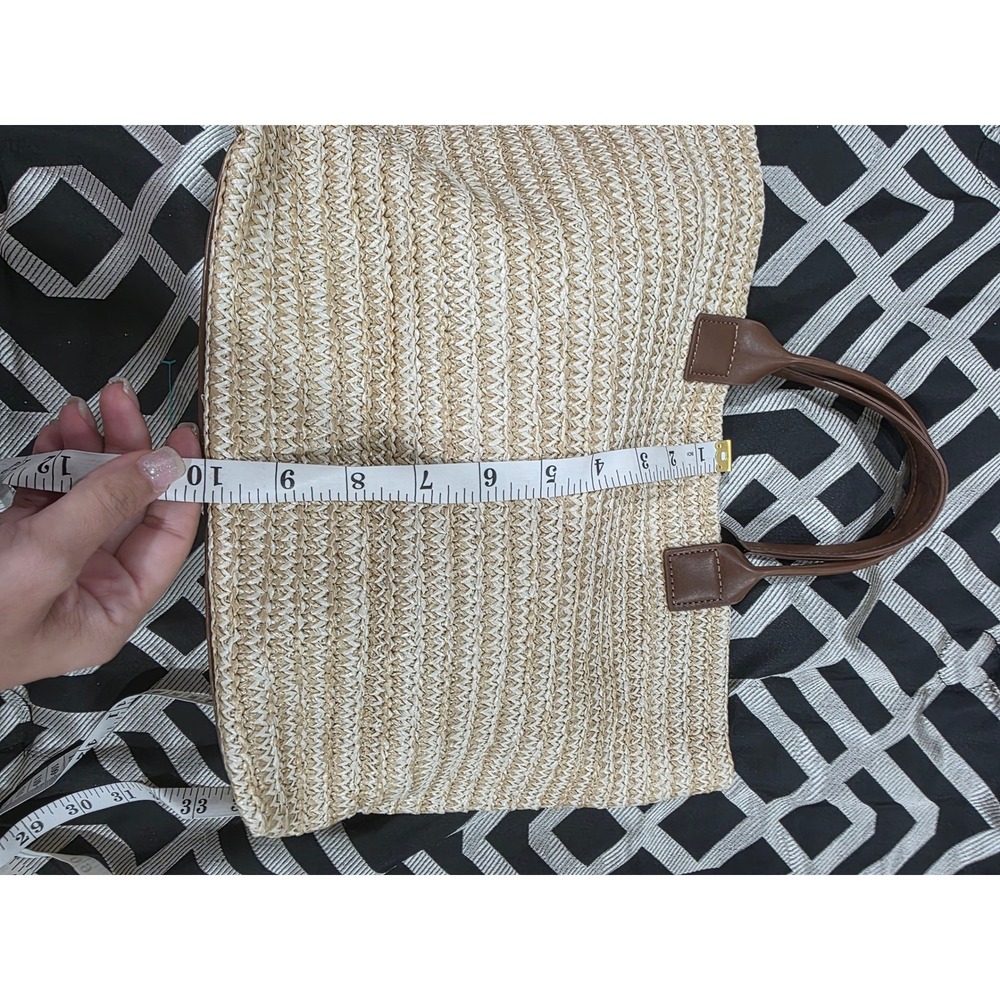 Woven Straw Tote Bag Beige Brown Faux Leather Handle Beach Summer Carryall - Picture 7 of 7